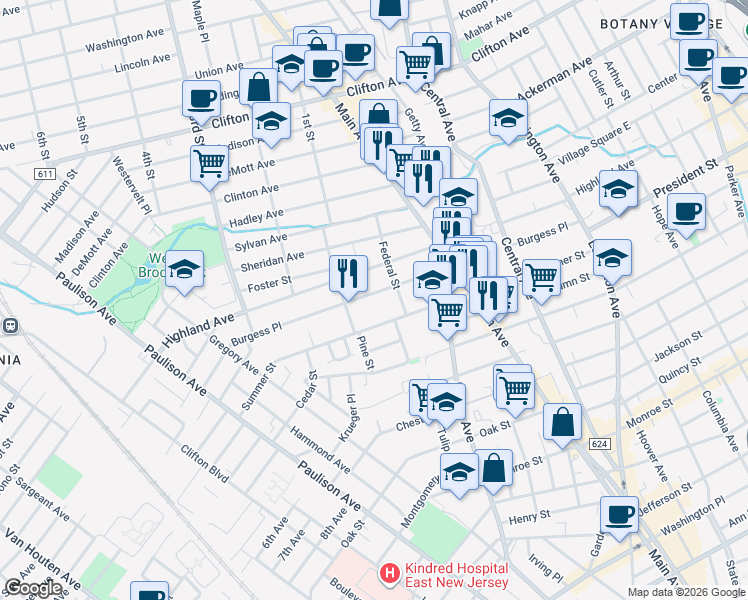 map of restaurants, bars, coffee shops, grocery stores, and more near 178 Burgess Place in Passaic