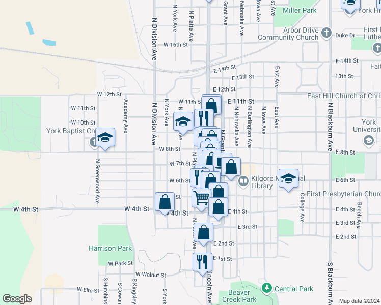 map of restaurants, bars, coffee shops, grocery stores, and more near 211 West 8th Street in York