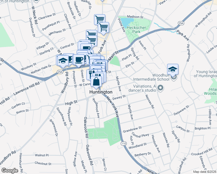 map of restaurants, bars, coffee shops, grocery stores, and more near 8 East Carver Street in Huntington
