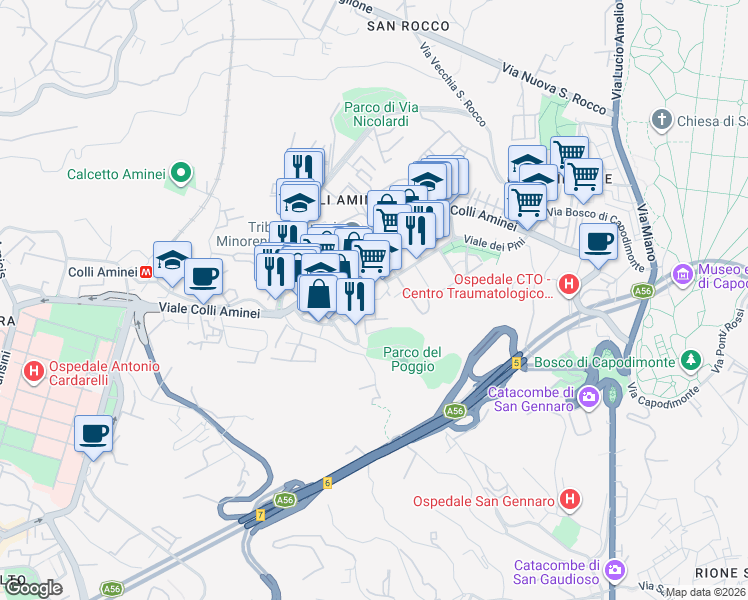 map of restaurants, bars, coffee shops, grocery stores, and more near Viale delle Mimose in Napoli