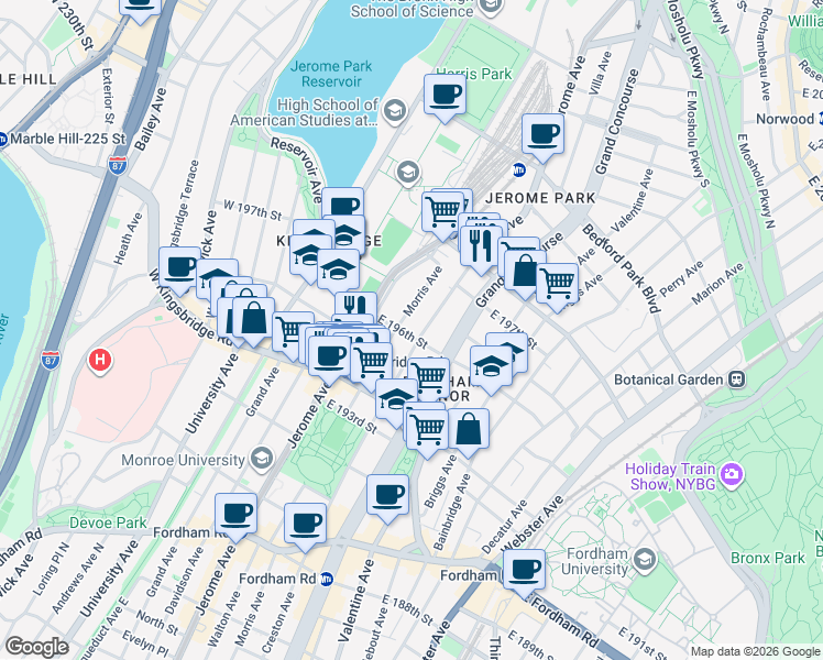 map of restaurants, bars, coffee shops, grocery stores, and more near 61 East 196th Street in The Bronx