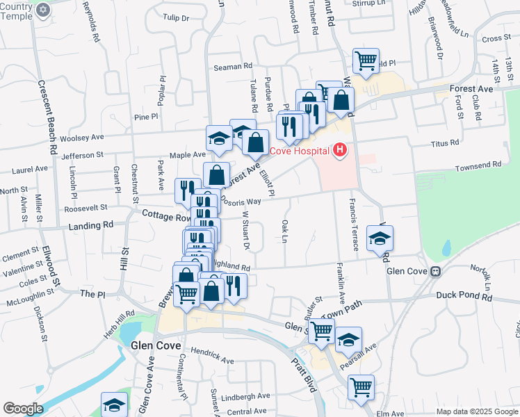 map of restaurants, bars, coffee shops, grocery stores, and more near 28 Dosoris Way in Glen Cove