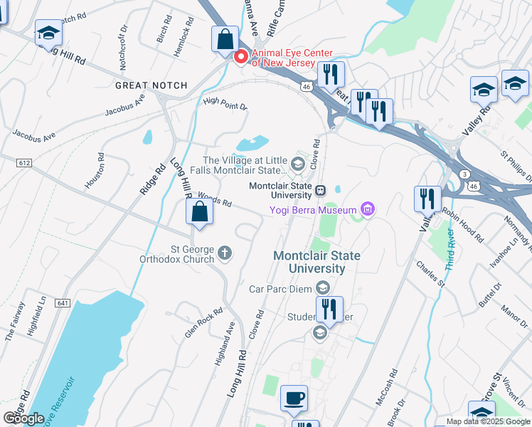 map of restaurants, bars, coffee shops, grocery stores, and more near 52 Woods Road in Little Falls