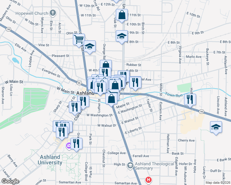 map of restaurants, bars, coffee shops, grocery stores, and more near 88 East Main Street in Ashland