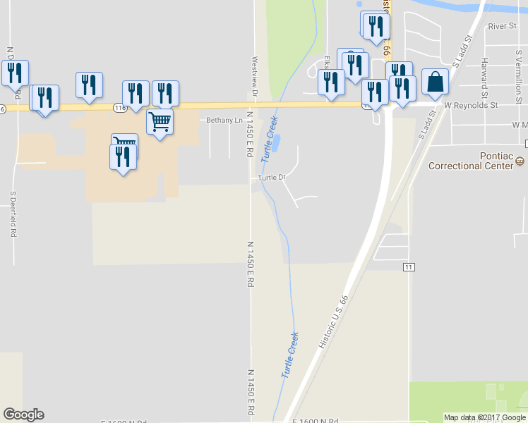 map of restaurants, bars, coffee shops, grocery stores, and more near 1004 North 1450 East Road in Pontiac