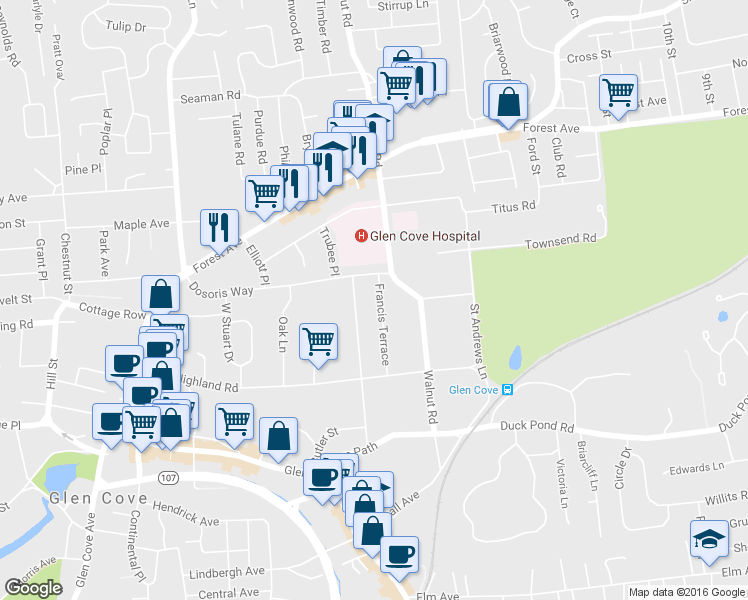 map of restaurants, bars, coffee shops, grocery stores, and more near 35 Francis Terrace in Glen Cove