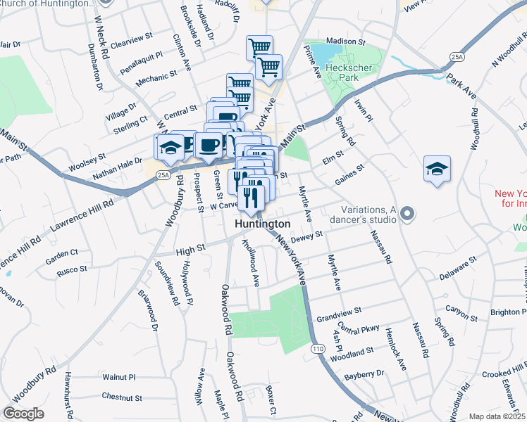 map of restaurants, bars, coffee shops, grocery stores, and more near 8 East Carver Street in Huntington