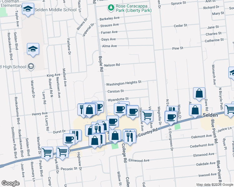 map of restaurants, bars, coffee shops, grocery stores, and more near 11 Carston Street in Selden