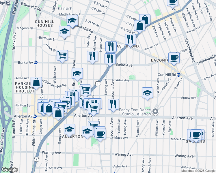 map of restaurants, bars, coffee shops, grocery stores, and more near 2959 Lurting Avenue in Bronx