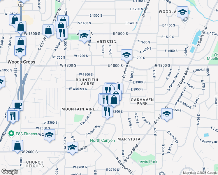 map of restaurants, bars, coffee shops, grocery stores, and more near 82 East Wicker Lane in Bountiful