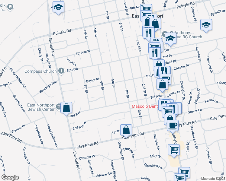 map of restaurants, bars, coffee shops, grocery stores, and more near 309 5th Street in East Northport