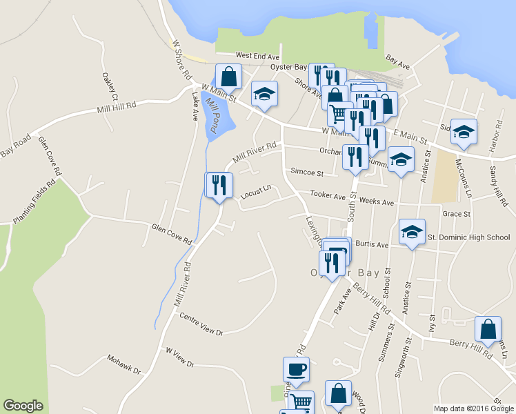 map of restaurants, bars, coffee shops, grocery stores, and more near 54 Capitol Heights Road in Oyster Bay