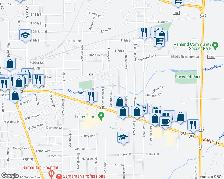 map of restaurants, bars, coffee shops, grocery stores, and more near 197 Ronald Avenue in Ashland