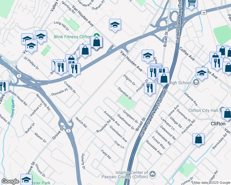 map of restaurants, bars, coffee shops, grocery stores, and more near 73 Standish Drive in Clifton