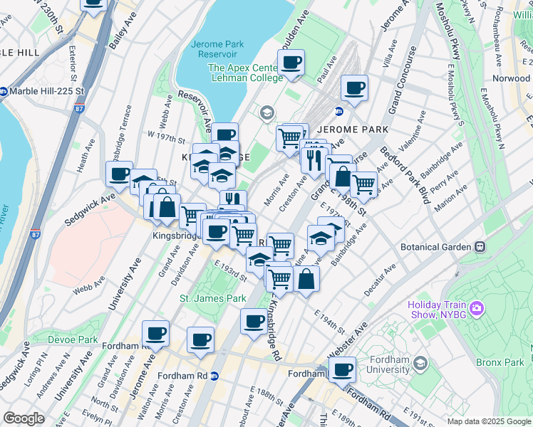 map of restaurants, bars, coffee shops, grocery stores, and more near 2758 Morris Avenue in Bronx