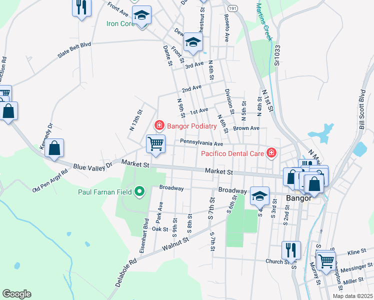 map of restaurants, bars, coffee shops, grocery stores, and more near 832 Upper Pennsylvania Avenue in Bangor