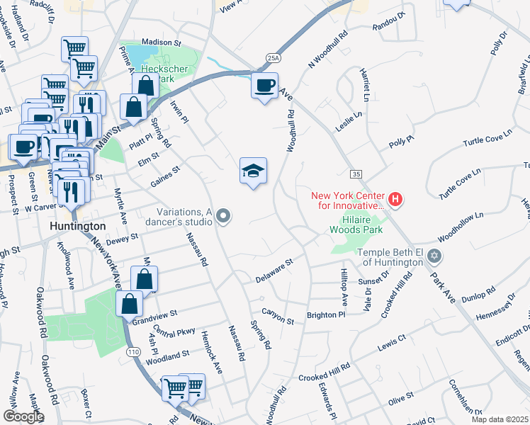 map of restaurants, bars, coffee shops, grocery stores, and more near 3 North Wesley Court in Huntington