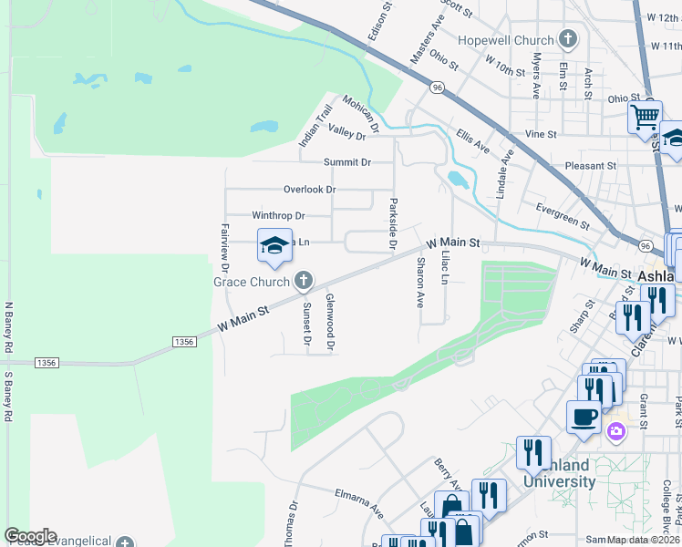 map of restaurants, bars, coffee shops, grocery stores, and more near 1070 West Main Street in Ashland