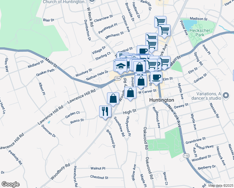 map of restaurants, bars, coffee shops, grocery stores, and more near 25 Scudder Place in Huntington