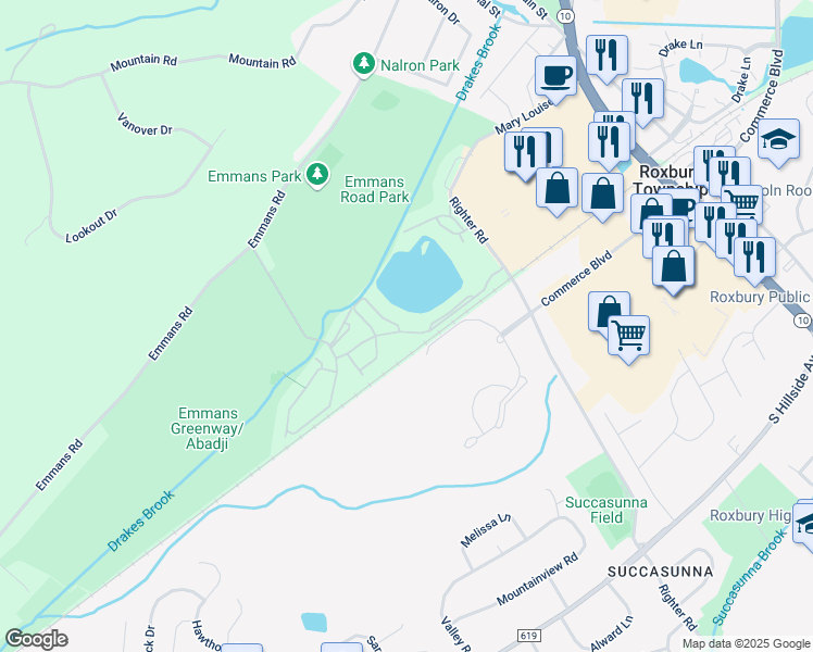 map of restaurants, bars, coffee shops, grocery stores, and more near 56 Willow Walk Drive in Roxbury Township