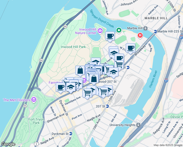 map of restaurants, bars, coffee shops, grocery stores, and more near 641 West 207th Street in New York
