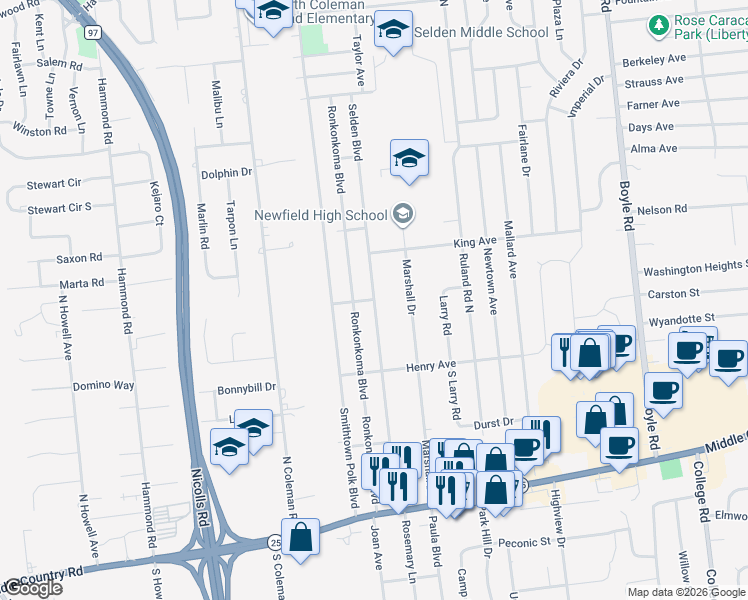 map of restaurants, bars, coffee shops, grocery stores, and more near Selden Boulevard in Centereach