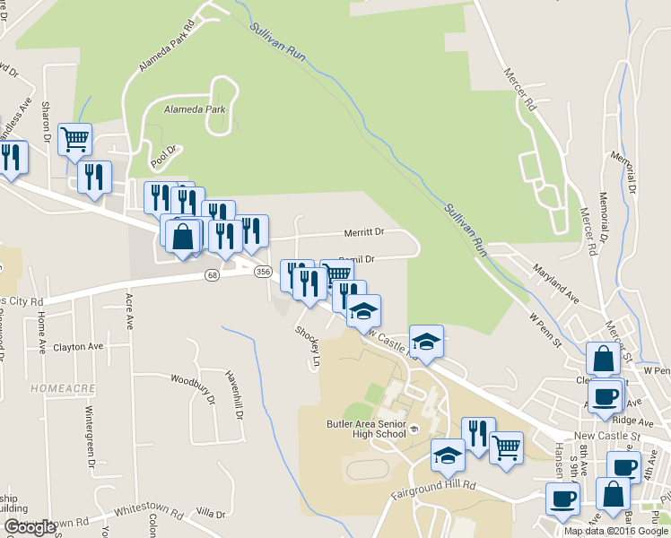 map of restaurants, bars, coffee shops, grocery stores, and more near 118 Remil Drive in Butler