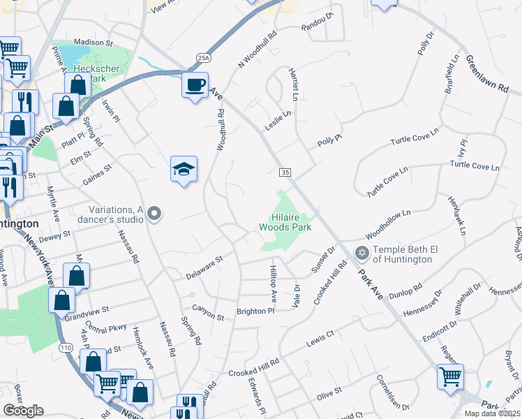 map of restaurants, bars, coffee shops, grocery stores, and more near 595 Park Avenue in Huntington