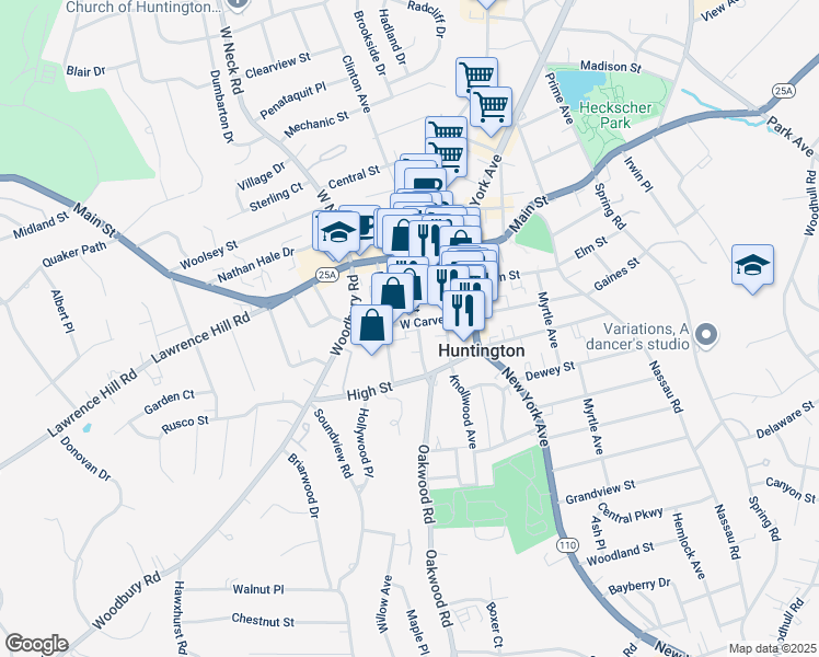 map of restaurants, bars, coffee shops, grocery stores, and more near 151 West Carver Street in Huntington