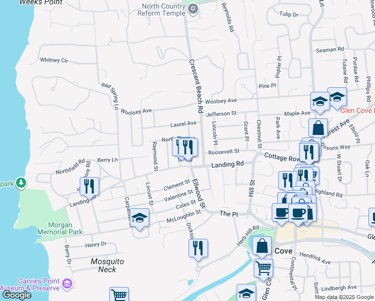 map of restaurants, bars, coffee shops, grocery stores, and more near 18 Miller Street in Glen Cove