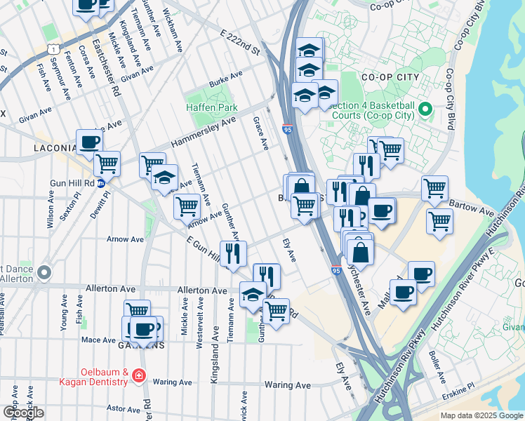 map of restaurants, bars, coffee shops, grocery stores, and more near 2842 Bruner Avenue in Bronx