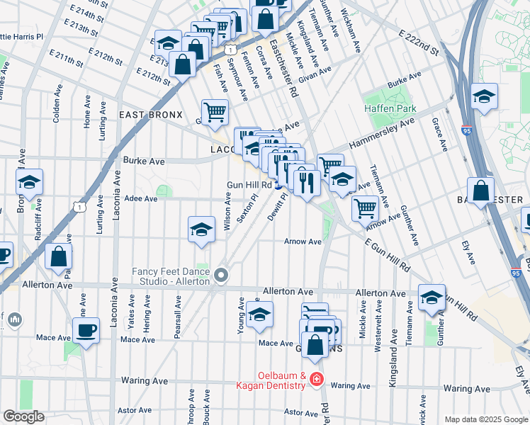 map of restaurants, bars, coffee shops, grocery stores, and more near 2937 Dewitt Place in The Bronx
