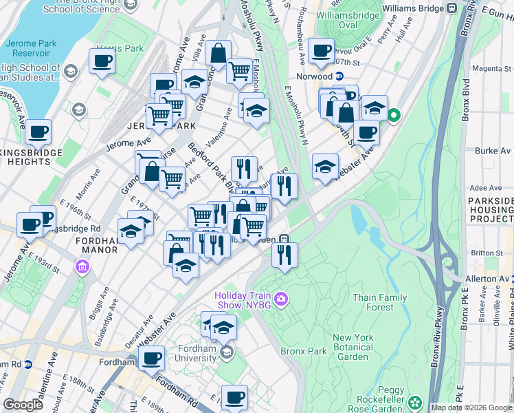 map of restaurants, bars, coffee shops, grocery stores, and more near 2960 Marion Avenue in Bronx