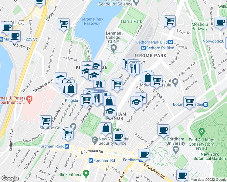 map of restaurants, bars, coffee shops, grocery stores, and more near 2758 Morris Avenue in Bronx