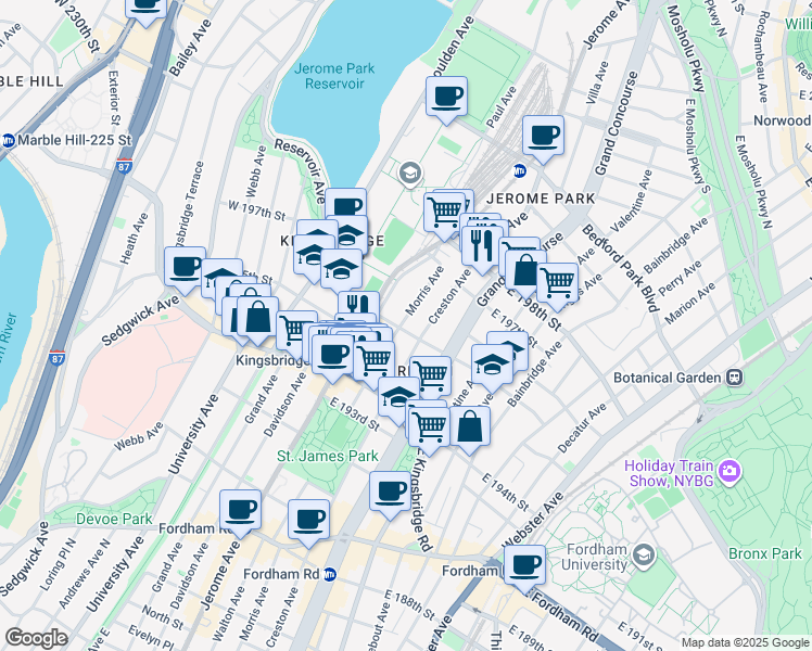 map of restaurants, bars, coffee shops, grocery stores, and more near 2758 Morris Avenue in Bronx