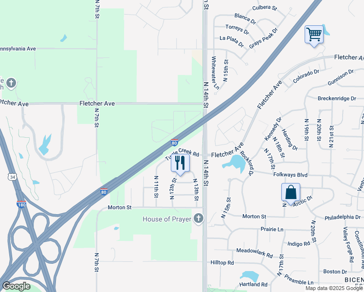map of restaurants, bars, coffee shops, grocery stores, and more near 1210 Turtle Creek Road in Lincoln