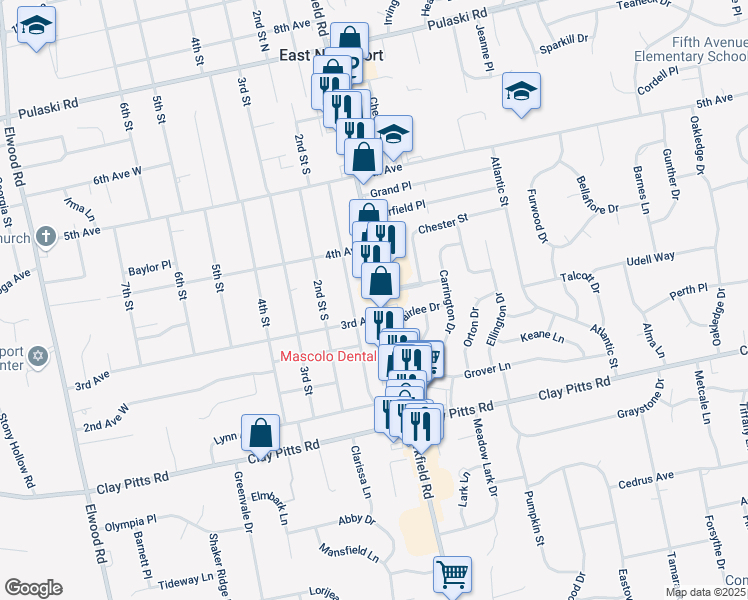 map of restaurants, bars, coffee shops, grocery stores, and more near 360 Larkfield Road in East Northport