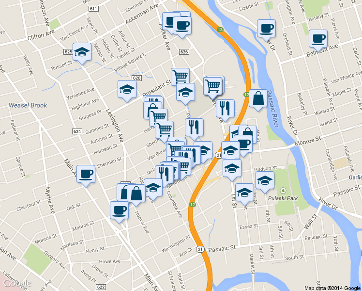 map of restaurants, bars, coffee shops, grocery stores, and more near 31 Van Buren Street in Passaic