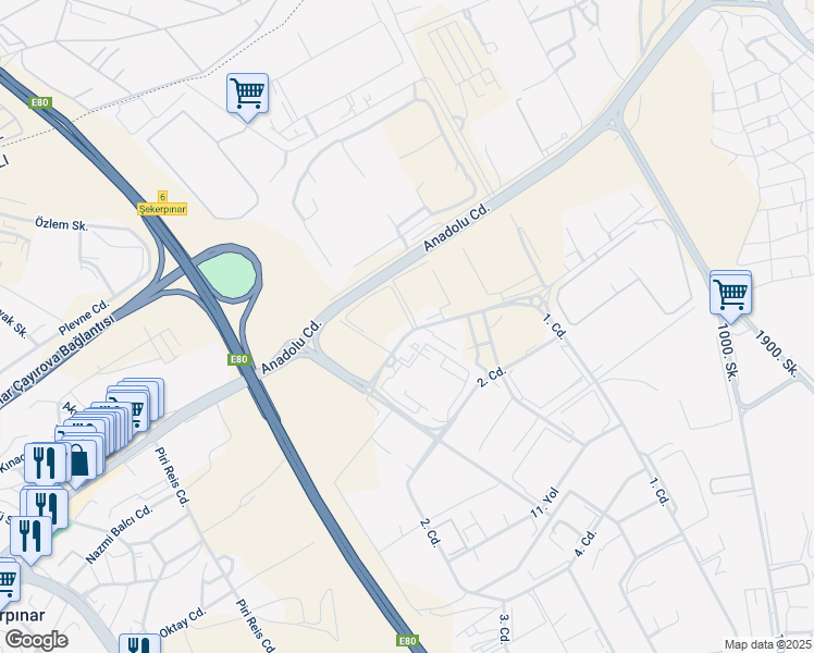 map of restaurants, bars, coffee shops, grocery stores, and more near No:6 1. Caddesi in Çayırova