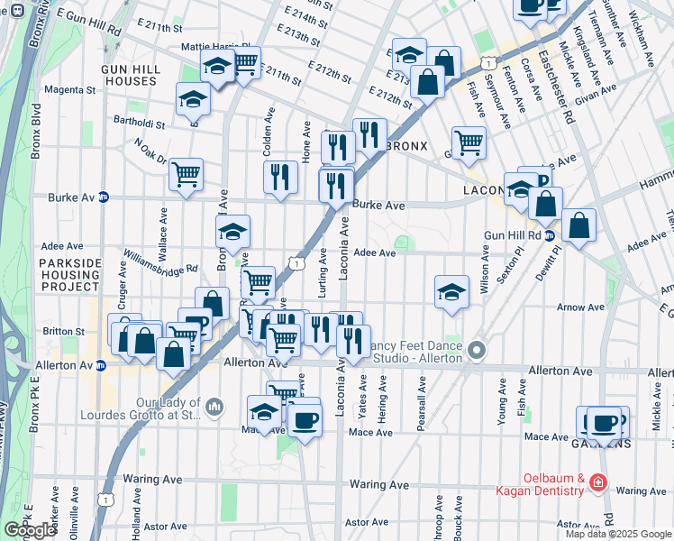 map of restaurants, bars, coffee shops, grocery stores, and more near 2954 Laconia Avenue in Bronx