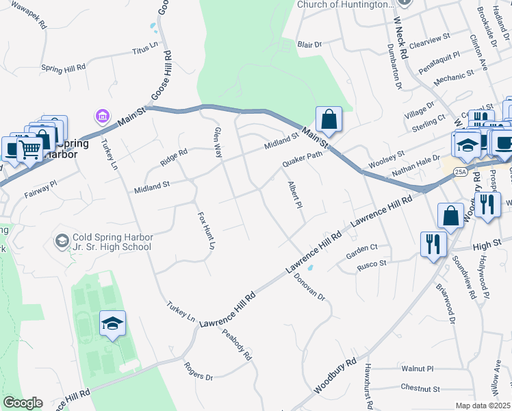 map of restaurants, bars, coffee shops, grocery stores, and more near 29 Carnegie Avenue in Huntington