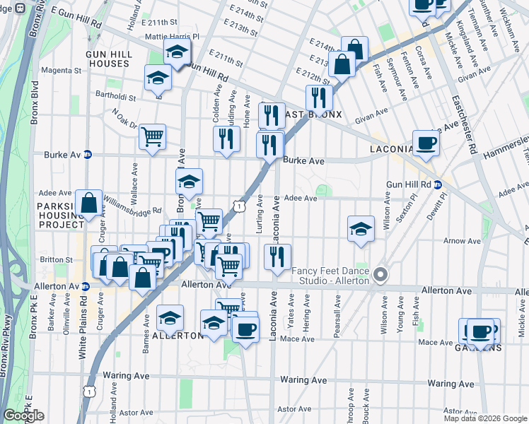 map of restaurants, bars, coffee shops, grocery stores, and more near 2959 Lurting Avenue in Bronx