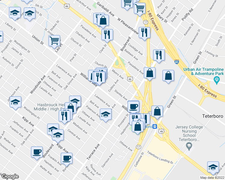 map of restaurants, bars, coffee shops, grocery stores, and more near 456 Collins Avenue in Hasbrouck Heights