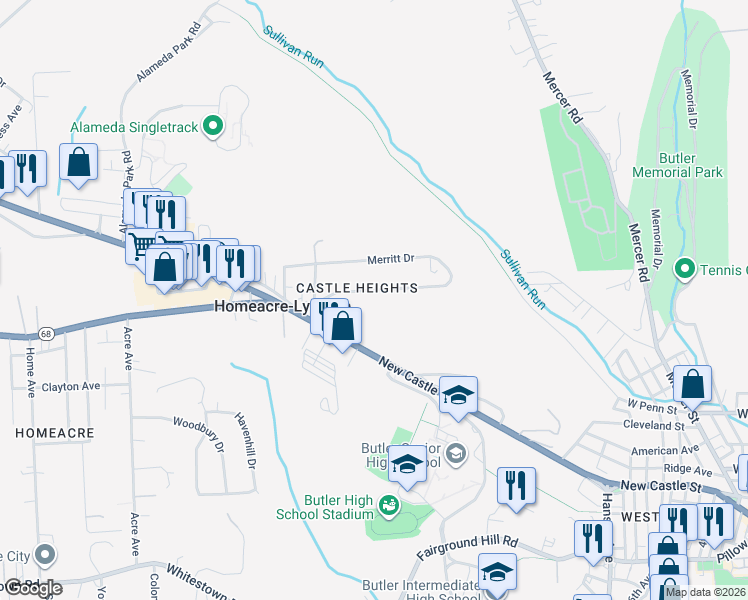 map of restaurants, bars, coffee shops, grocery stores, and more near 118 Remil Drive in Butler