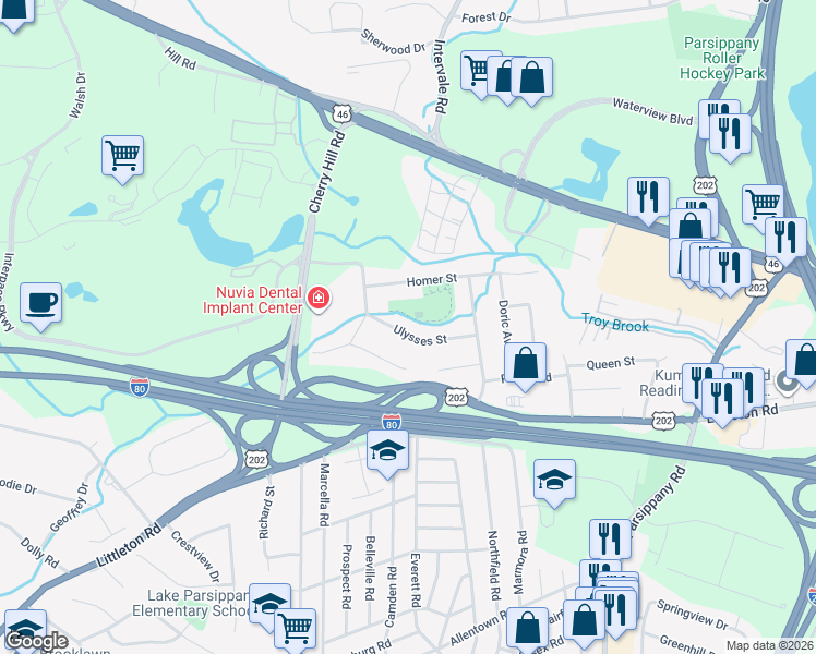 map of restaurants, bars, coffee shops, grocery stores, and more near 15 Ulysses Street in Parsippany-Troy Hills
