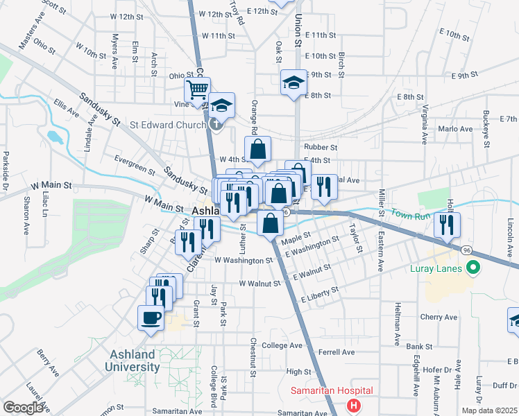 map of restaurants, bars, coffee shops, grocery stores, and more near 10 West Main Street in Ashland