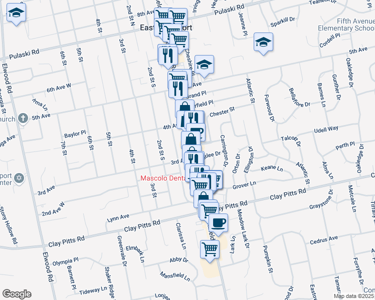 map of restaurants, bars, coffee shops, grocery stores, and more near 360 Larkfield Road in East Northport