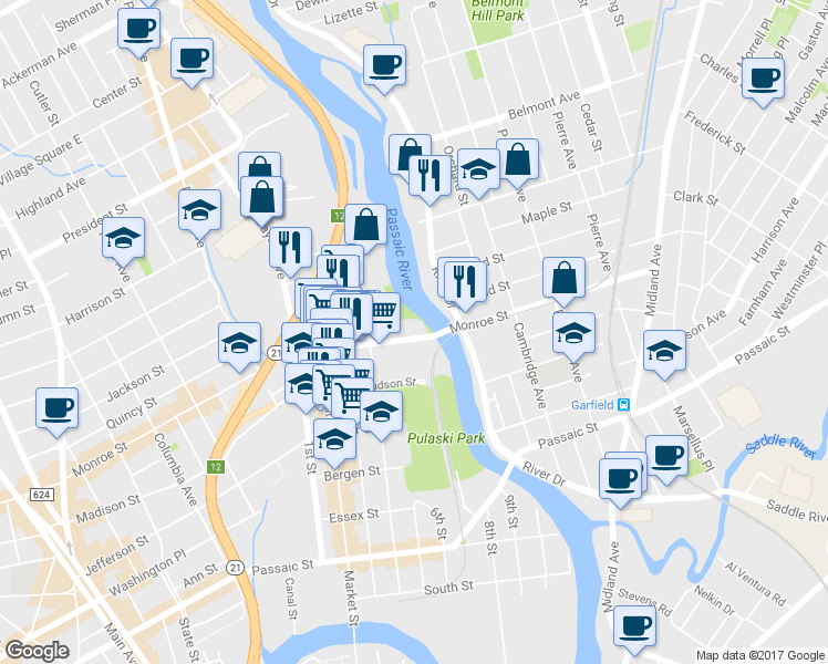 map of restaurants, bars, coffee shops, grocery stores, and more near 2 Monroe Street in Passaic