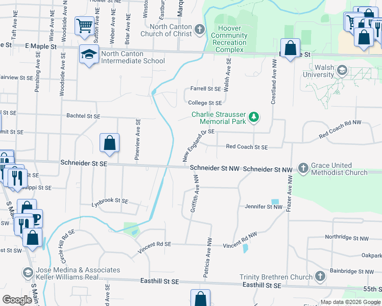 map of restaurants, bars, coffee shops, grocery stores, and more near 1298 New England Drive Southeast in North Canton