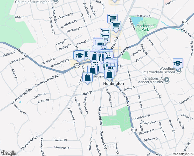 map of restaurants, bars, coffee shops, grocery stores, and more near 151 West Carver Street in Huntington